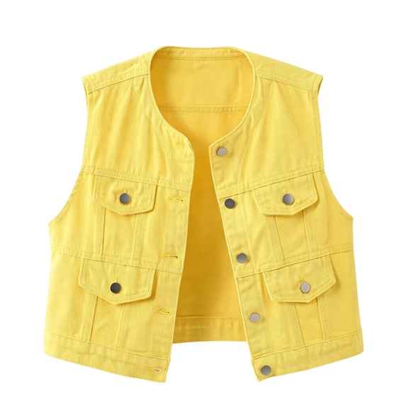 Vivianyo HD Women's Round Neck Denim Vest, Sleeveless Cropped Jean Jackets for Women, Button-Front Denim Top All-Season Layering Denim Outer for Daily Walks and Shopping Trips, Sizes S-5XL