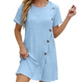 thumbnail image 1 of Vivianyo HD Women's Round Neck Mini Dress, Womens Casual Dress with Diagonal Side Button Short Sleeve Summer Dresses, Women's Sky Blue, Sizes S-2XL, 1 of 6