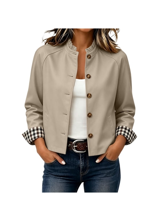 Women's Ruffle Collar Button Down Jacket with Pockets, Fall Long Sleeve Coat with Plaid Cuff Lining, Sizes S-2XL