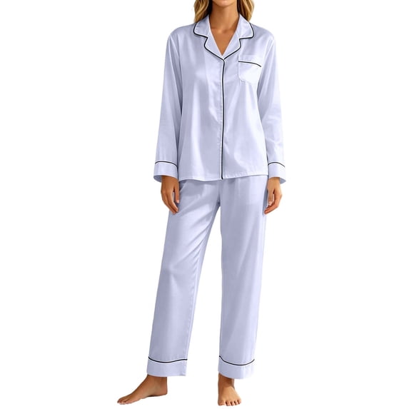 Vivianyo HD Women's Satin Long Sleeve Pajama Set, Contrast Piping Button Down Shirt and Pants Sleepwear, Sizes S-2XL