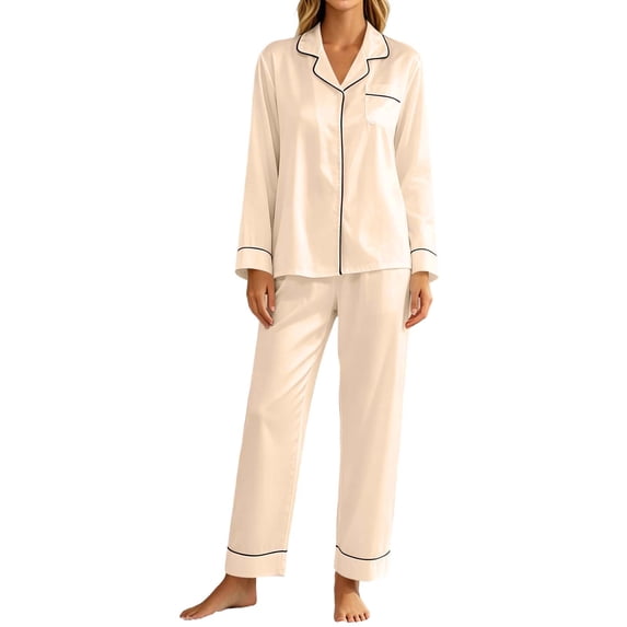 Vivianyo HD Women's Satin Long Sleeve Pajama Set, Contrast Piping Button Down Shirt and Pants Sleepwear, Sizes S-2XL