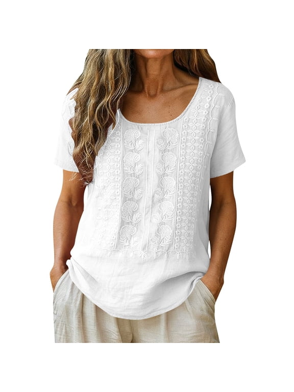 Women's Scoop Neck Embroidered Short Sleeve Blouse, Casual Textured Top for Women, Women's White, Sizes S-2XL