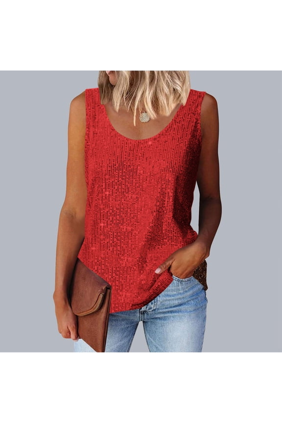 Women's Scoop Neck Sequin Sleeveless Tank Top, Casual Sparkle Party Evening Cami Vest Top, Women's Red, Sizes S-2XL