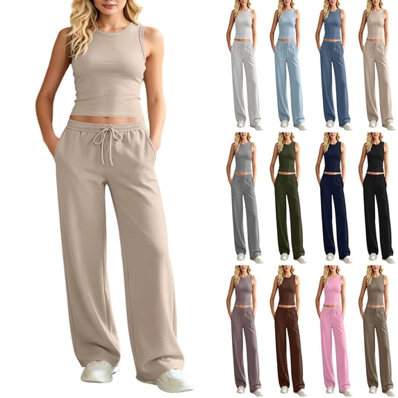 Vivianyo HD Women's Set Crew Neck Sleeveless Crop Tank and Drawstring Wide Leg Sweatpants, Two Piece Sets for Women Summer Vacation Travel Outfit, Women's Beige, Sizes S-2XL