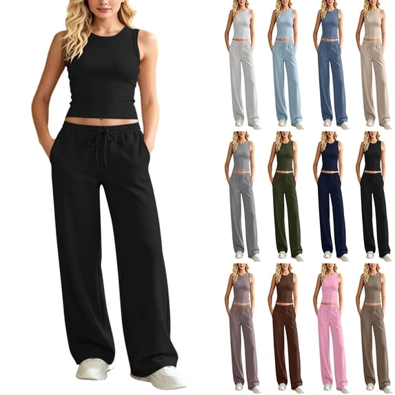 Vivianyo HD Women's Set Crew Neck Sleeveless Crop Tank and Drawstring Wide Leg Sweatpants, Two Piece Sets for Women Summer Vacation Travel Outfit, Women's Black, Sizes S-2XL