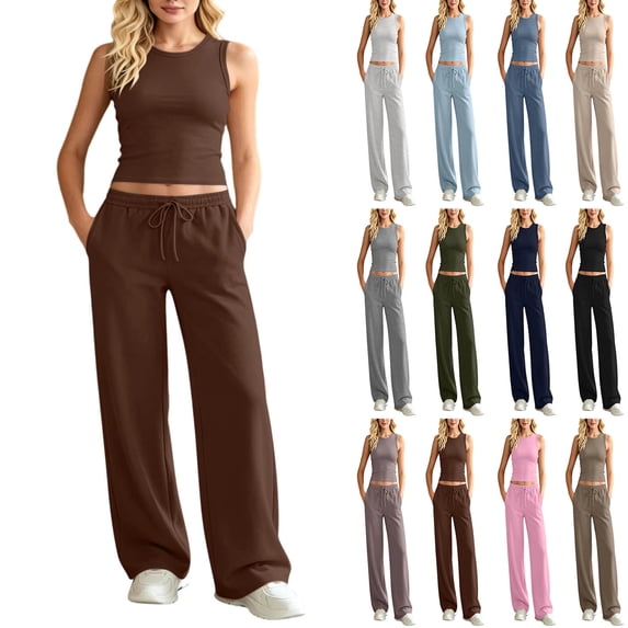 Vivianyo HD Women's Set Crew Neck Sleeveless Crop Tank and Drawstring Wide Leg Sweatpants, Two Piece Sets for Women Summer Vacation Travel Outfit, Women's Coffee, Sizes S-2XL