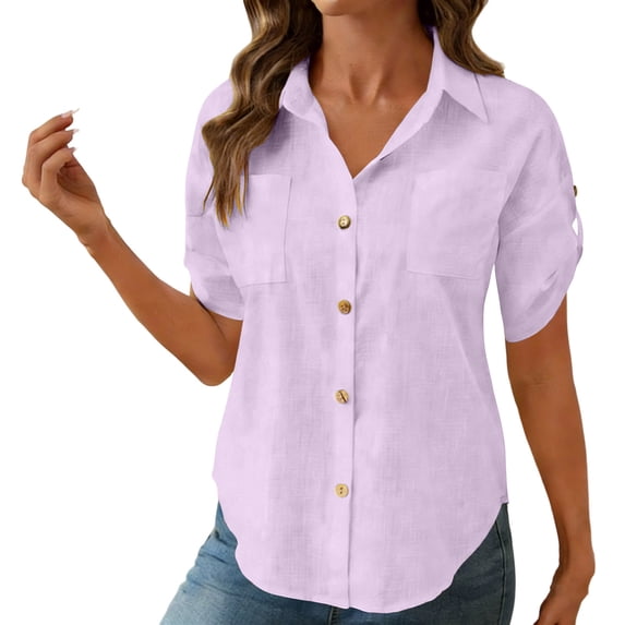 Vivianyo HD Women's Short Sleeve Button Down Shirts,Collared Work Tops with Pockets, Lightweight Summer Shirts With Loose Fit Daily ,Purple, Size S-2XL