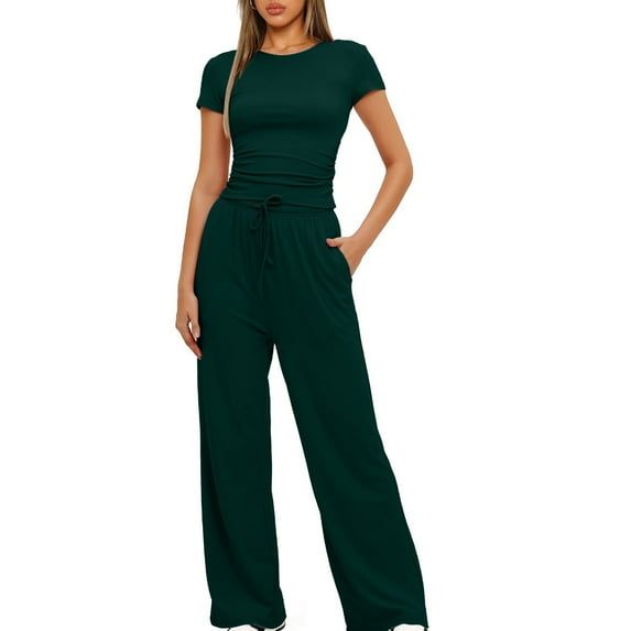 Vivianyo HD Women's Short Sleeve Jumpsuit with Long Trousers 2PC Fashion Woman Round Neck Solid Short Sleeve Blouse +Long Pants Elastic Waist Sets