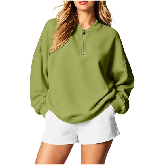 Vivianyo HD Women's Over Size Drop Shoulder Quarter Zip Fall Sweatshirt, Womens Stand Collar Ribbed Cuff and Hem Solid Winter Pullover Tops for Loungewear, Women's Army Green, Sizes S-2XL