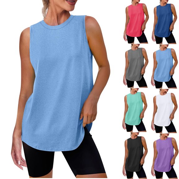 Vivianyo HD Women's Sleeveless Side Slit Tank Top, Curved Hem Casual Tunic for Women, Women's Blue, Sizes S-2XL
