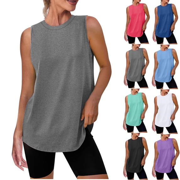 Vivianyo HD Women's Sleeveless Side Slit Tank Top, Curved Hem Casual Tunic for Women, Women's Gray, Sizes S-2XL