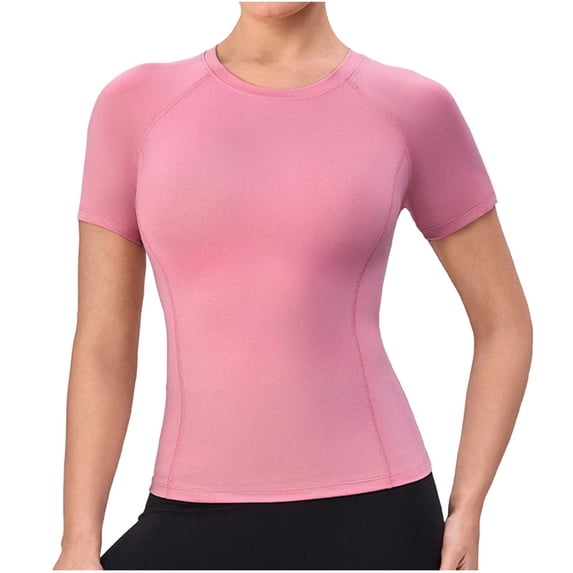 Vivianyo HD Women's Slim Fit Crew Neck Short Sleeve Workout Top, Quick Dry Athletic Yoga Compression Tee, Women's Pink, Sizes S-2XL