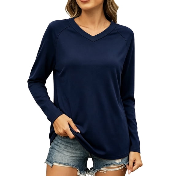 Vivianyo HD Women's Soft Fleece Raglan Fall Long Sleeve Shirt, V Neck Side Slit Warm Loose Casual Pullover Tops for Women, Women's Navy, Sizes S-2XL