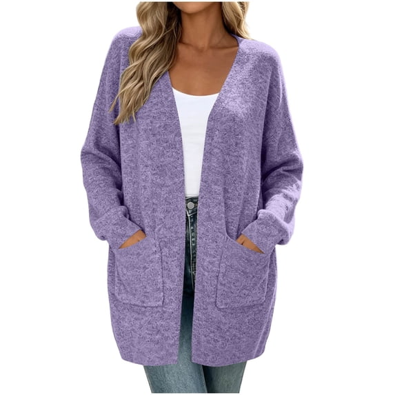 Vivianyo HD Women's Solid Long Sleeve Open Front Cardigan with Pockets, Fall Loose Mid Length Sweater Coat for Women, Womens Outerwear for Daily Errands and Casual Meetups, Size S-2XL