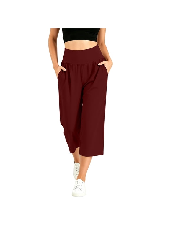 Women's Solid Smooth Culotte Pants, Womens Yoga Pants Wide Elastic High Waist Cropped Wide Leg Capris, Women's Wine, Sizes S-3XL