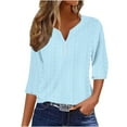 thumbnail image 1 of Vivianyo HD Women's Spring Fall Eyelet Embroidery Tunic Top, V Henley Three Quarter Sleeve Button Front Casual Pullover Shirts for Women, Women's Light Blue, Sizes S-2XL, 1 of 3
