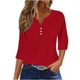 thumbnail image 1 of Vivianyo HD Women's Spring Fall Eyelet Embroidery Tunic Top, V Henley Three Quarter Sleeve Button Front Casual Pullover Shirts for Women, Women's Red, Sizes S-2XL, 1 of 4