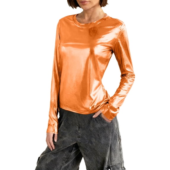 Vivianyo HD Women's Spring Fall Metallic Shiny Long Sleeve Top, Crew Neck Stretch Slim Fit Solid Party Pullover Shirt for Women, Women's Orange, Sizes XS-2XL