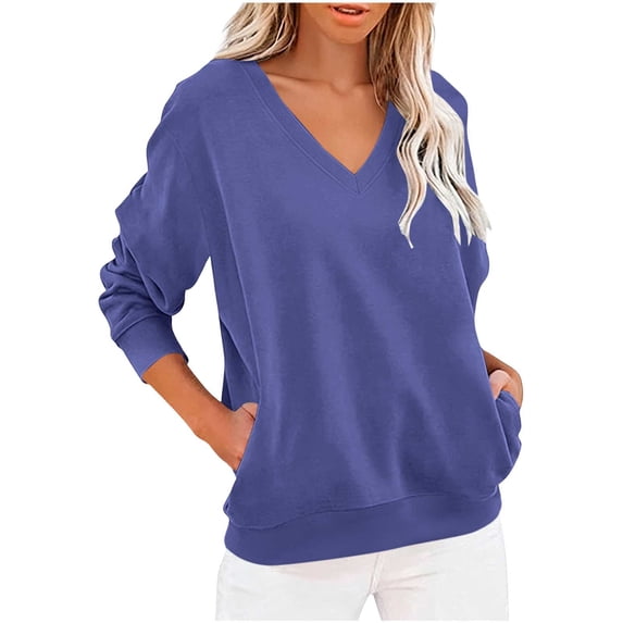 Vivianyo HD Women's Spring Fall Winter Deep V-Neck Pullover Sweatshirt, Womens Loose Casual Long Sleeve Stretch Hem Sweat Tops, Women's Purple, Sizes S-2XL