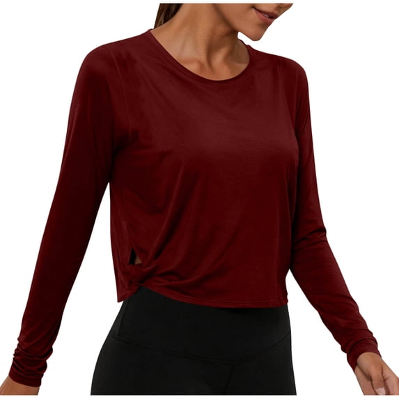 Vivianyo HD Women's Spring Side Twist Cropped Long Sleeve Top, Crew Neck Stretch Solid Fall Athletic Pullover Workout Shirt for Women, Women's Wine, Sizes S-2XL