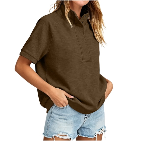 Vivianyo HD Women's Stand Collar Henley Short Sleeve Sweatshirt, Raglan Solid Half Button Casual Pullover Top for Women, Women's Brown, Sizes S-2XL