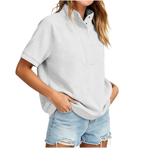 Vivianyo HD Women's Stand Collar Henley Short Sleeve Sweatshirt, Raglan Solid Half Button Casual Pullover Top for Women, Women's White, Sizes S-2XL
