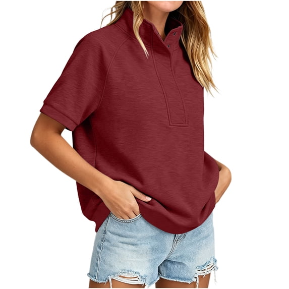 Vivianyo HD Women's Stand Collar Henley Short Sleeve Sweatshirt, Raglan Solid Half Button Casual Pullover Top for Women, Women's Wine, Sizes S-2XL