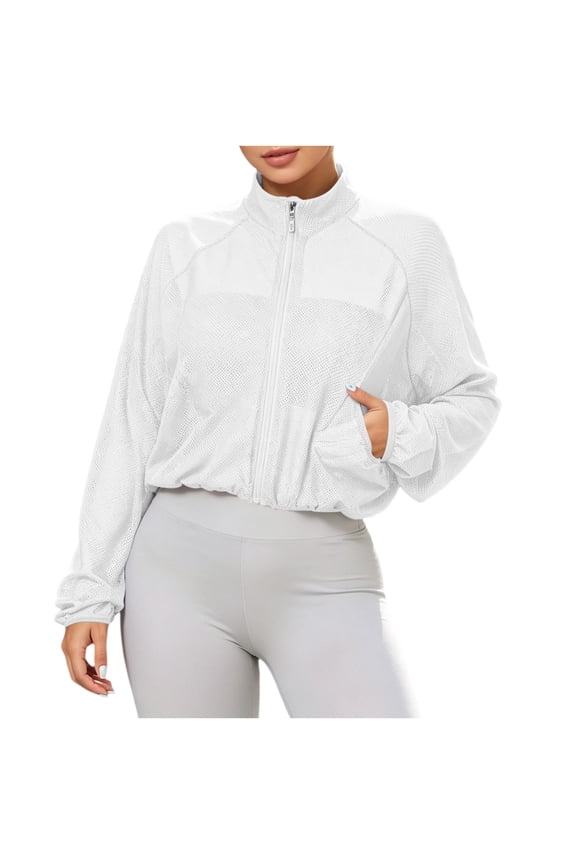 Women's Stand Collar Mesh Jackets, Womens Zip Up Long Sleeve Athletic Outerwear with Side Pockets Womens Fall Coat, Women's White, Sizes S-XL