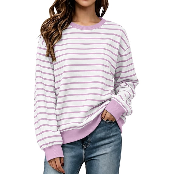Vivianyo HD Women's Striped Crew Neck Tops, Contrast Ribbed Trim Long Sleeve Pullover for Women Casual Fall, Sizes S-2XL