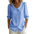 thumbnail image 1 of Vivianyo HD Women's Striped Peter Pan Collar Blouse, Puff 3/4 Sleeve Button Top for Women, Women's Blue, Sizes S-2XL, 1 of 8