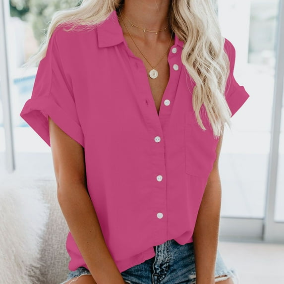 Vivianyo HD Women's Summer Button Short Sleeves Tops Fashion Woman Causal Button Solid Blouse Short Sleeve T-Shirt Summer Tops
