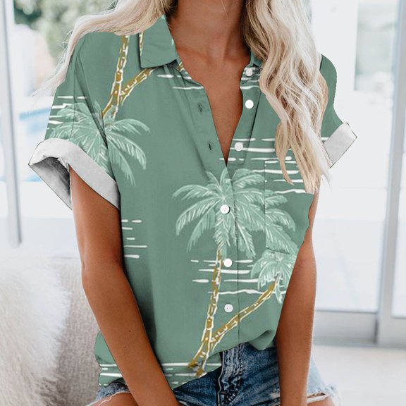 Vivianyo HD Women's Summer Button Short Sleeves Tops Fashion Women's Regular Casual Comfort Hawaii Printed Short Sleeved BlousesTop