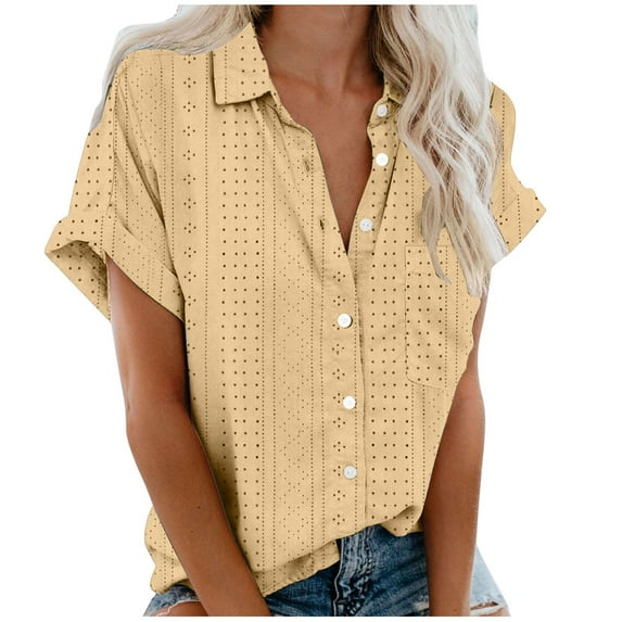 Vivianyo HD Women's Summer Button Short Sleeves Tops Women's Fashion Casual Print Short Sleeve Round-Neck Blouses Shirts