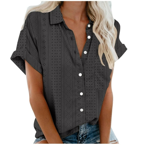 Vivianyo HD Women's Summer Button Short Sleeves Tops Women's Fashion Casual Print Short Sleeve Round-Neck Blouses Shirts