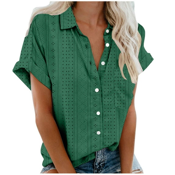 Vivianyo HD Women's Summer Button Short Sleeves Tops Women's Fashion Casual Print Short Sleeve Round-Neck Blouses Shirts