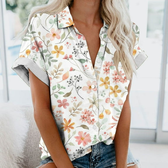 Vivianyo HD Women's Summer Button Short Sleeves Tops Women's Regular Casual Printed Short Sleeved BlousesTop
