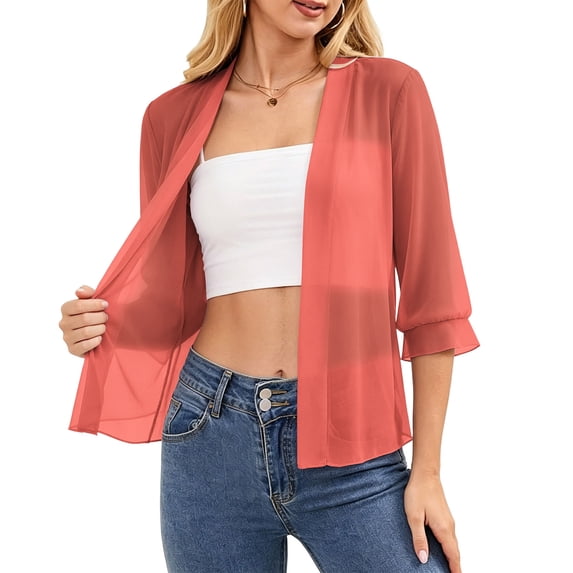 Vivianyo HD Women's Summer Three Quarter Sleeve Sheer Chiffon Cardigan, Womens Casual Loose Fall Open Front Lightweight Solid Layering Shrug for Vacation, Women's Pink, Sizes S-3XL