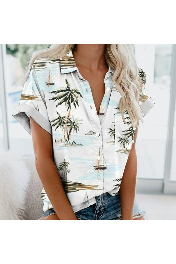 Women's Tops Plus Size Clearance Summer Short Sleeve Button V-Neck Vacation Shirt Fashion Regular Casual Hawaiian Elements Printed Lapel Button-Down All-Match Shirt