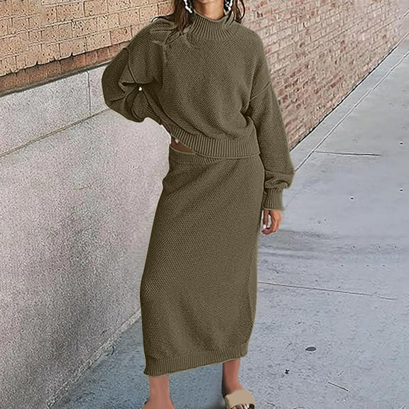 Vivianyo HD Women's Two-piece Waffle Knit Half-neck Suit Long-sleeved Oversized Top Long Skirt Suit Army Green