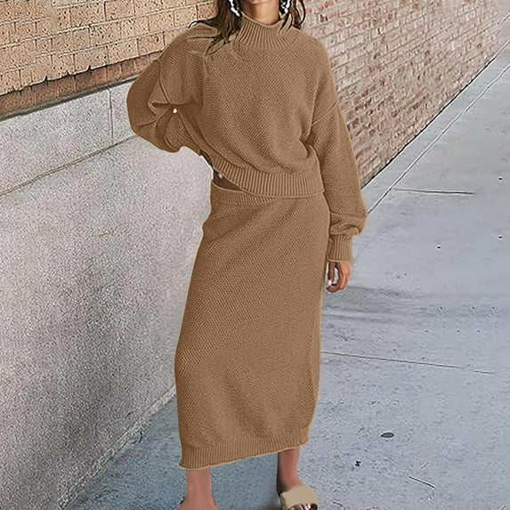 Vivianyo HD Women's Two-piece Waffle Knit Half-neck Suit Long-sleeved Oversized Top Long Skirt Suit Brown