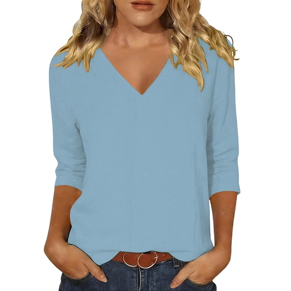 Vivianyo HD Women's V Neck 3/4 Sleeve Linen Blend Top, Loose Fit Drop Shoulder Casual Blouse, Women's Light Blue, Sizes S-5XL