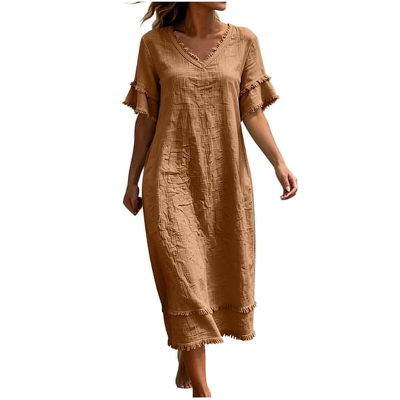 Vivianyo HD Women's V-Neck Fringe Trim Maxi Dress, Short Ruffle Fringe Sleeve Solid Linen Blend Loose Casual Summer Dresses for Women Vacation, Women's Khaki, Sizes S-2XL