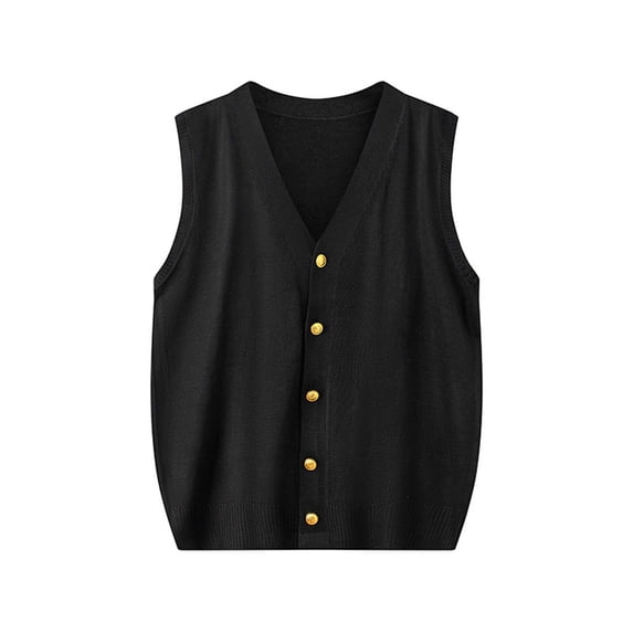 Vivianyo HD Women's V-Neck Gold Button Front Knit Vest, Casual Sleeveless Cardigan Layer Waistcoat Top, Women's Black, Free Size