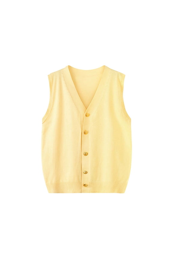 Women's V-Neck Gold Button Front Knit Vest, Casual Sleeveless Cardigan Layer Waistcoat Top, Women's Yellow, Free Size