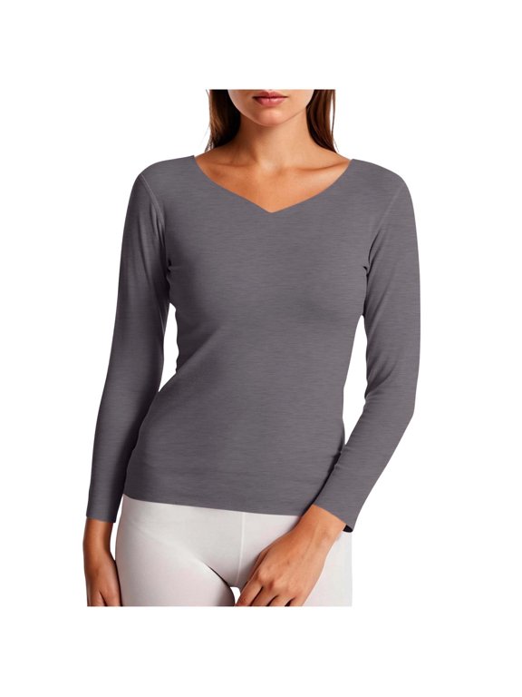 Women's V Neck Long Sleeve Base Layer Top, Fitted Seamless Undershirt for Layering, Sizes L-3XL