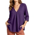 thumbnail image 1 of Vivianyo HD Women's V Neck Pleated Front Blouse, Curved Hem Cuffed Three Quarter Sleeve Shirt for Women, Spring Fall Loose Flowy Top for Office Casual and Weekend Brunch, Sizes S-2XL, 1 of 8