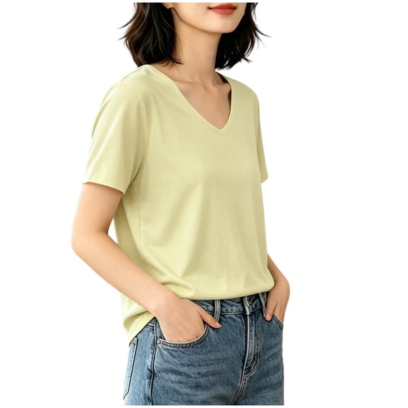 Vivianyo HD Women's V-Neck Short Sleeve Basic T Shirt, Casual Soft Loose Fit Daily Summer Tee Top, Women's Yellow, Sizes S-2XL
