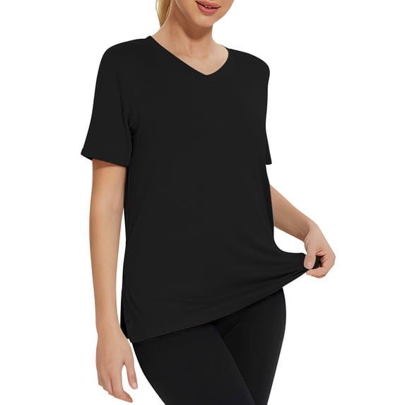 Vivianyo HD Women's V-Neck Side Split Short Sleeve T Shirt, Casual Loose Soft Summer Daily Tee Top, Women's Black, Sizes S-3XL
