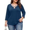 thumbnail image 1 of Vivianyo HD Women's V Neck Tunic Shirt, Curved Hem Three Quarter Sleeve Solid Top for Women, Fall Stretch Casual Shirt for Shopping Trips and Daily Errands, Sizes L-5XL, 1 of 8