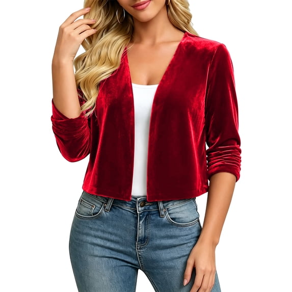 Vivianyo HD Women's Velvet Cropped Open Front Shrug Cardigan, Ruched Three Quarter Sleeve Cover Up for Women, Outer Layer for Dinner Events and Evening Plans, Size S-3XL